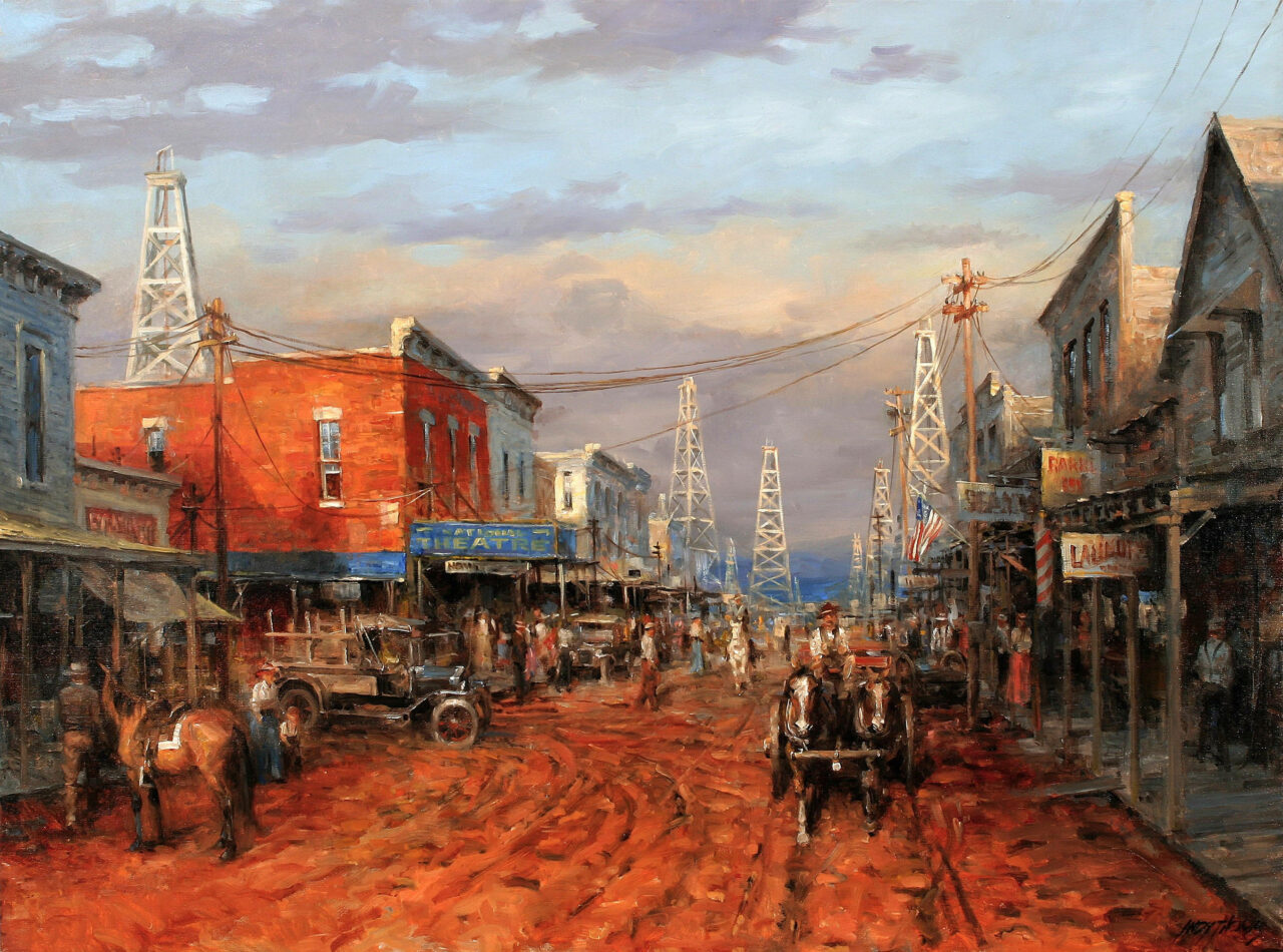 Nostalgic Reflections: A Serene Vintage Streetscape Immersed in a Crimson Palette Wallpaper