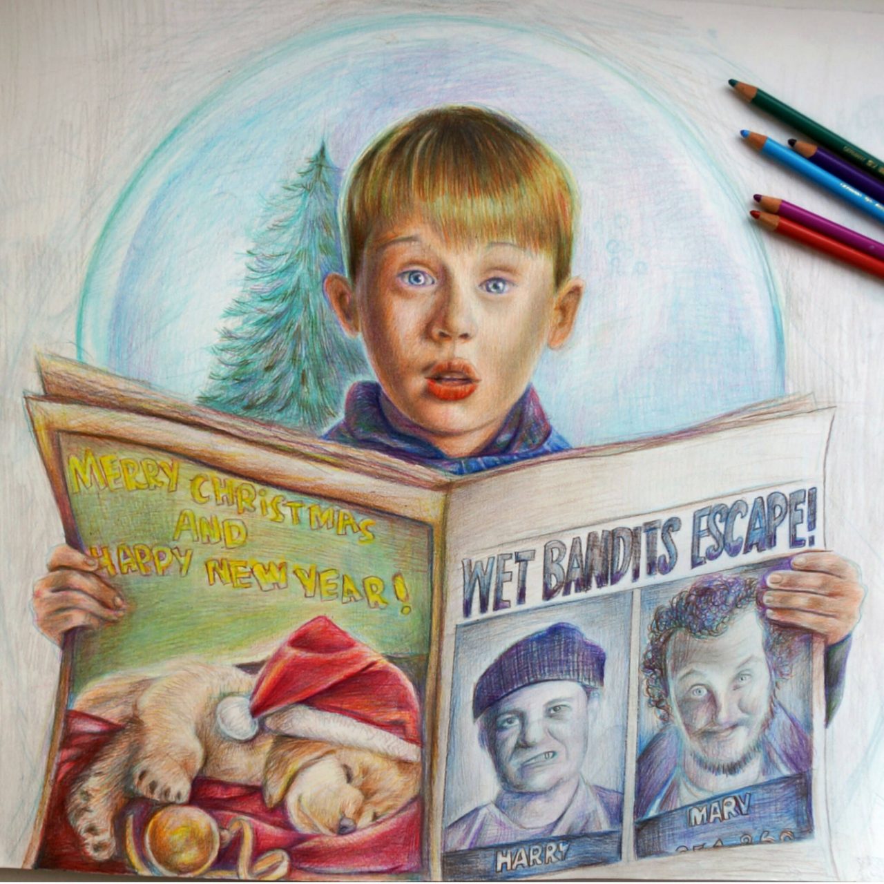 Colored pencil illustration of Kevin McCallister from Home Alone 2 holding Wet Bandits Escape newspaper Wallpaper