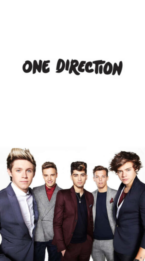 Stylish One Direction: Classy iPhone Wallpaper with the Band Displaying Dapper Fashion On a Clean White Background