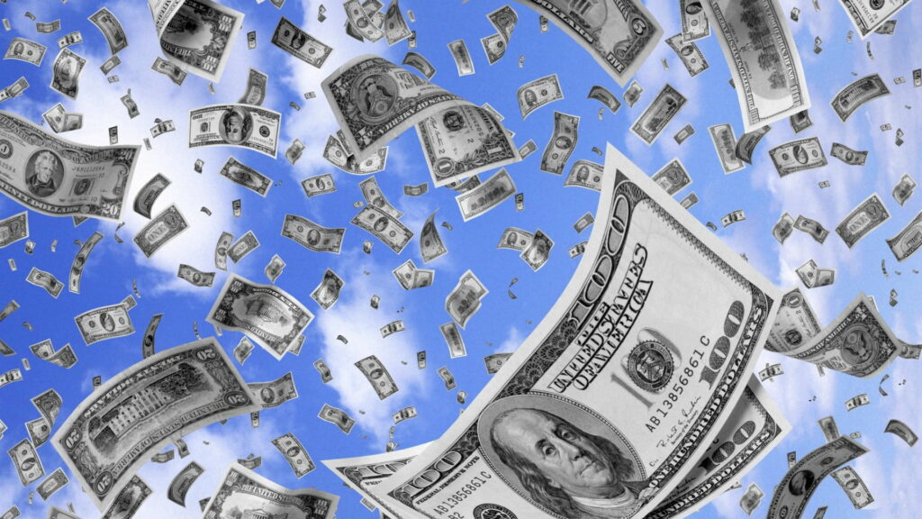 HD wallpaper of US dollar bills falling against bright blue cloudy sky representing wealth