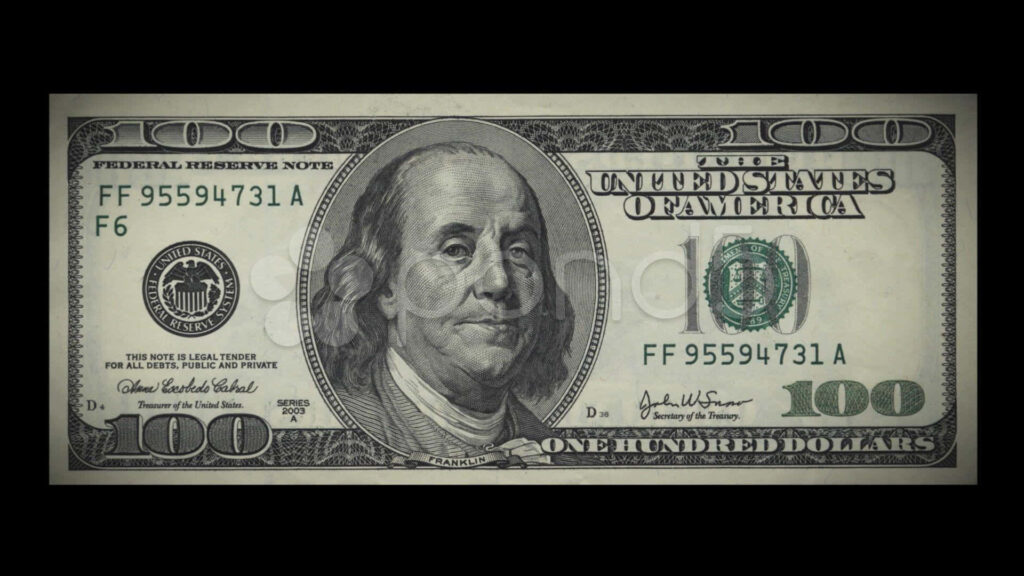 Powerful Symbol of Wealth: Striking Desktop Background featuring a Vibrant $100 Bill on a Stunning Black Backdrop Wallpaper