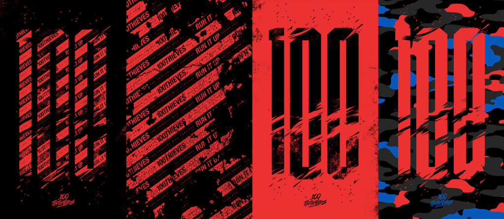Dynamic Collage of 100 Thieves Logos: A Fresh Fusion of Red and Black in Mesmerizing Background Display Wallpaper