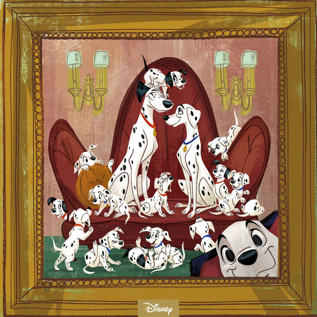 Golden Framed Portrayal: Joyful 101 Dalmatians' Family, Pongo and Perdita, Engaging Playfully with Puppies on a Vibrant Red Chair Wallpaper