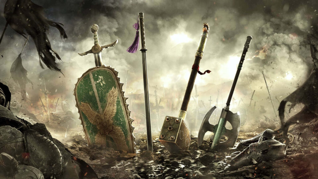 For Honor Game Wallpaper: Medieval Weapons Embedded in Battlefield