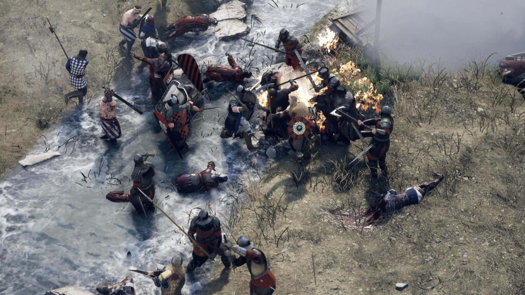Mordhau Medieval Battle Scene: Armored knights clash in intense combat by a stream with flames and fallen warriors - immersive gameplay setting. Wallpaper