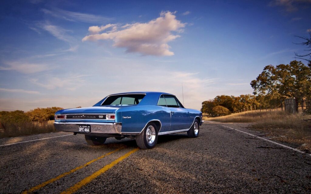 “1966 Chevrolet Chevelle: Serene Rear View with Scenic Background” Wallpaper