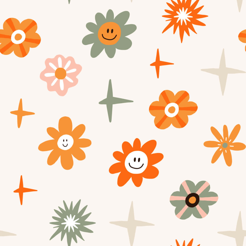 Charming 1970s Flower Pattern Wallpaper with Playful Smiles