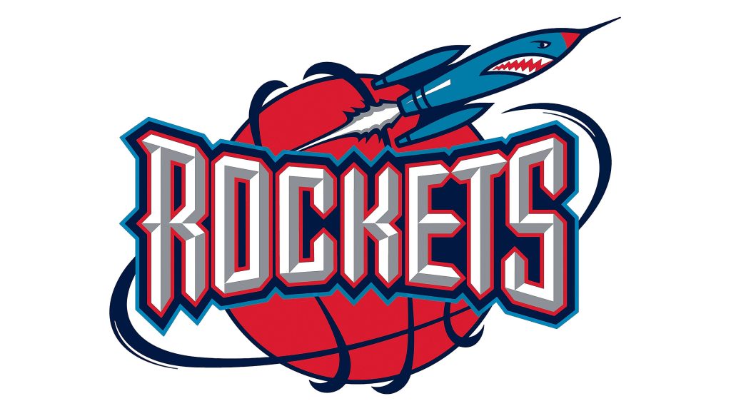 Classic 1995 Houston Rockets logo wallpaper with red basketball and blue rocket ship design