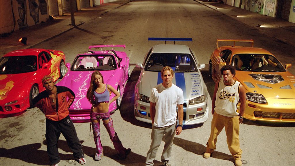 2 Fast 2 Furious cast with Nissan Skyline GT-R and Honda S2000 at night street race wallpaper