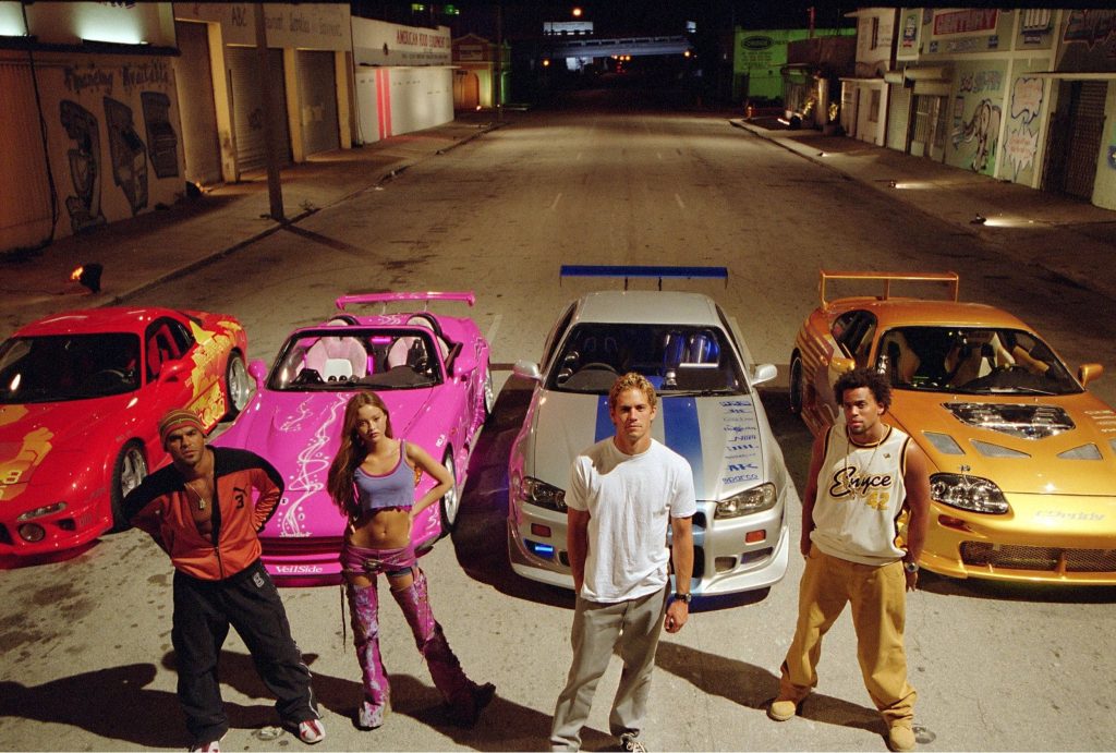 2 Fast 2 Furious cast with customized tuner cars on urban street at night cinematic wallpaper