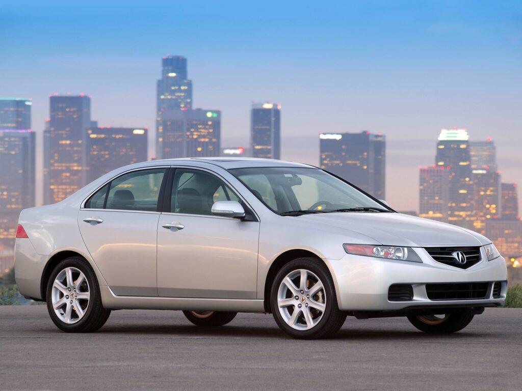 2003 Acura TSX in White: Urban Side View Wallpaper with City Lights