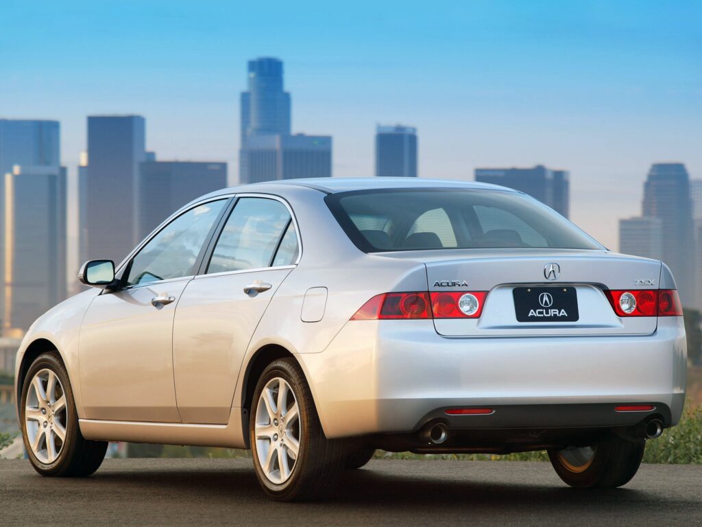 2003 Metallic Silver Acura TSX in Urban Skyline – Car Wallpaper