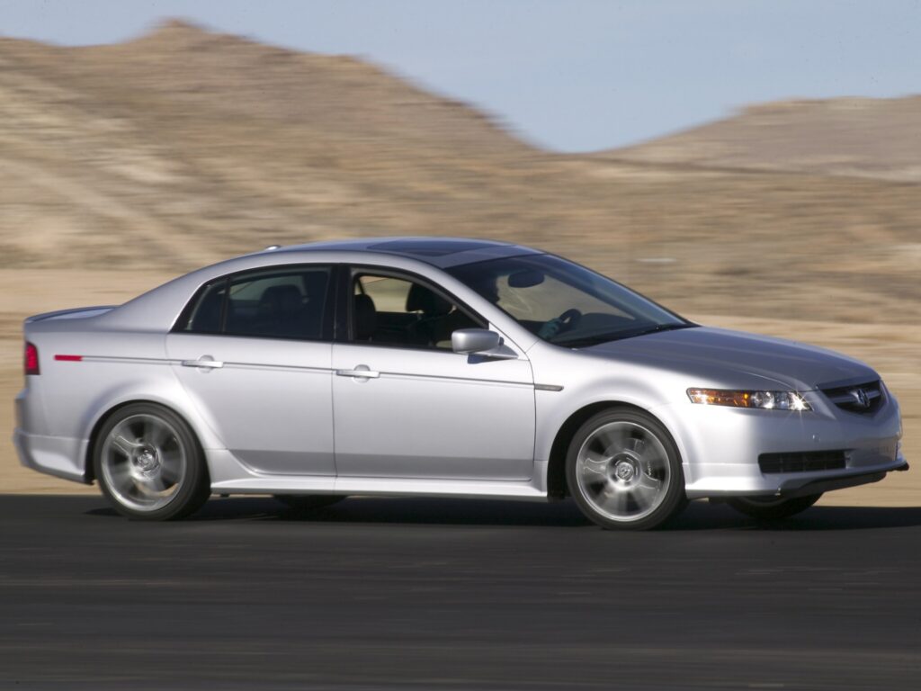 2004 Acura TL in Silver: Majestic Mountains & Smooth Asphalt Wallpaper