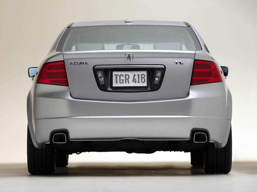 2004 Acura TL in White Metallic: Elegant Design & Dual Exhaust Wallpaper