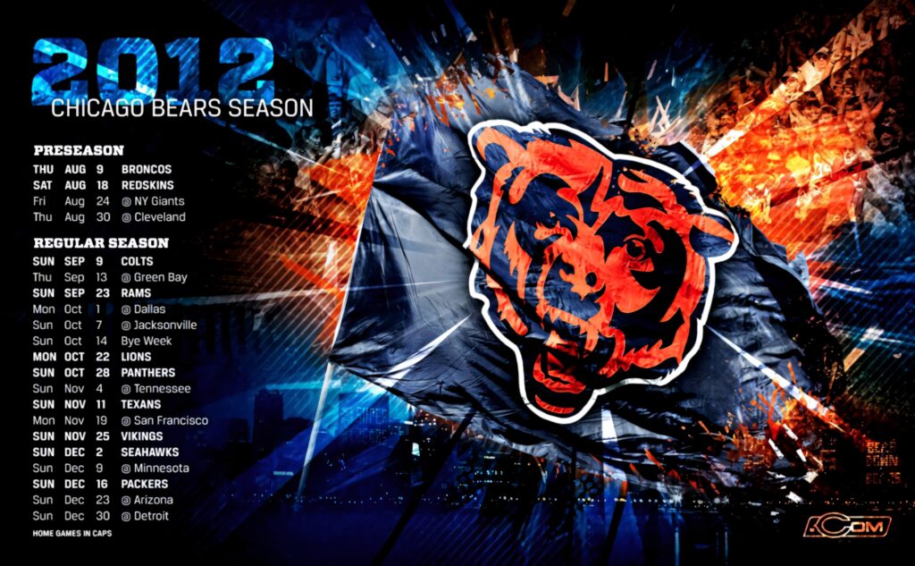 2012 Chicago Bears wallpaper with fierce logo bold blue orange splashes and full season schedule