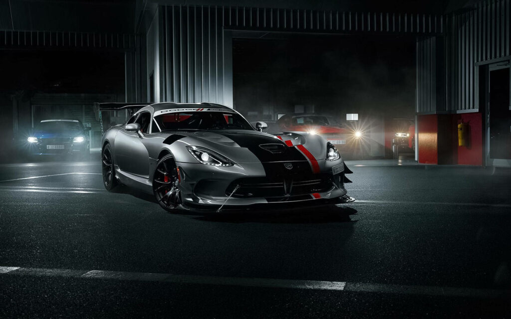2016 Dodge Viper ACR silver black red stripes in dim garage with aggressive aerodynamic design wallpaper