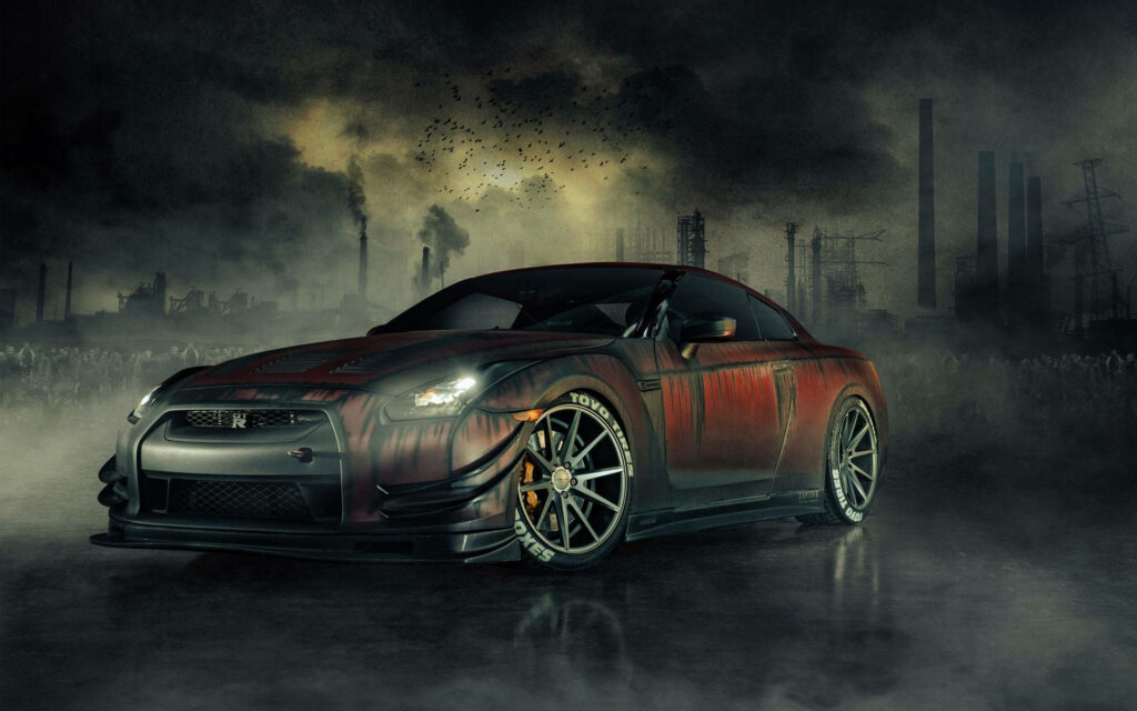 2017 Nissan GTR parked in dark industrial scene with smoke stacks gritty urban atmosphere wallpaper