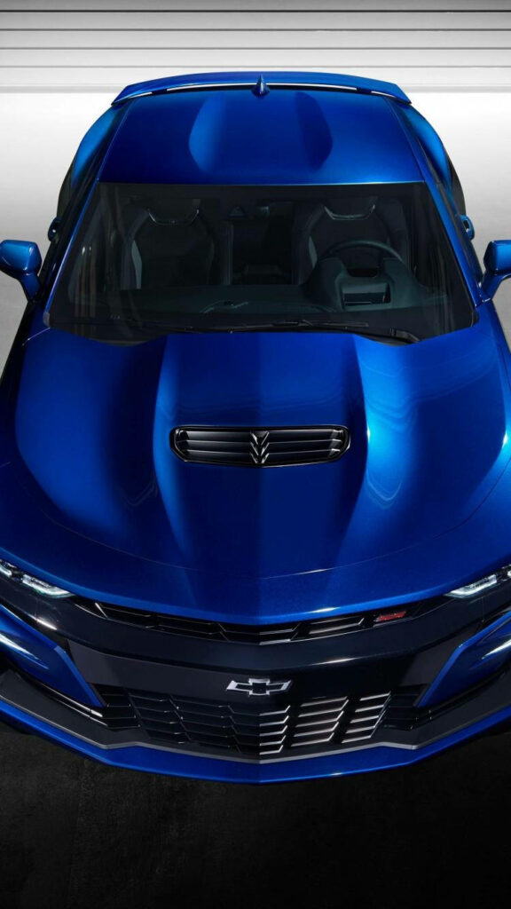 Top-down view of blue 2019 Chevrolet 2SS Camaro showing sleek hood and aggressive grille design Wallpaper