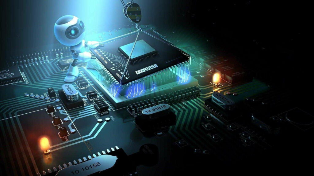 3D art of white robot installing PC-WARE CPU chip on circuit board with blue orange lights Wallpaper