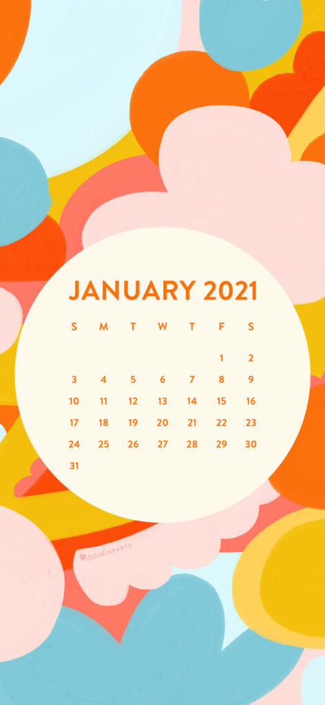 2021 calendar wallpaper with bold pastel abstract shapes in pink orange yellow and blue tones