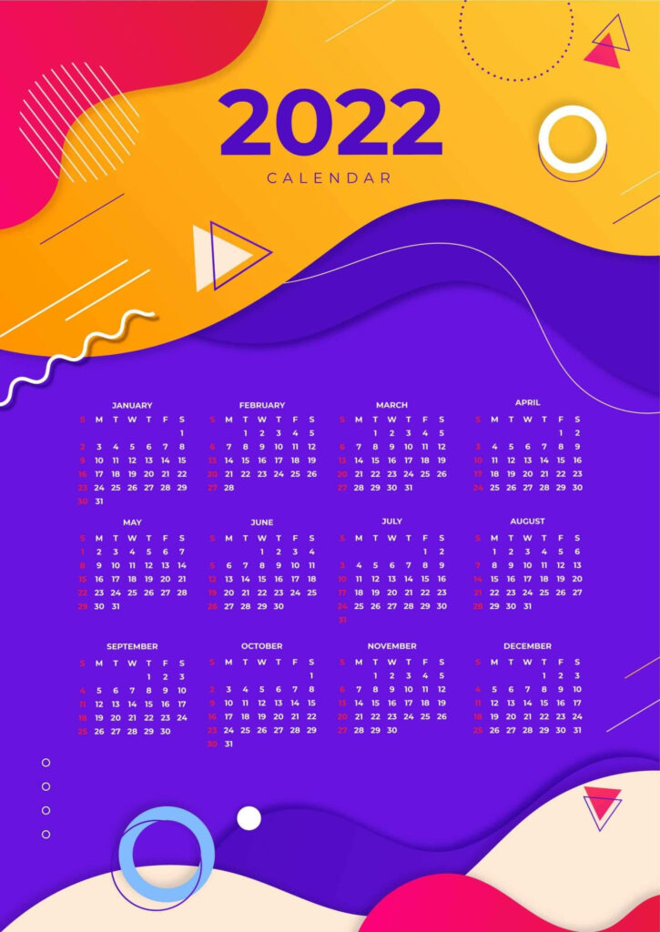 2022 calendar wallpaper with vibrant abstract shapes waves geometric patterns in yellow orange purple