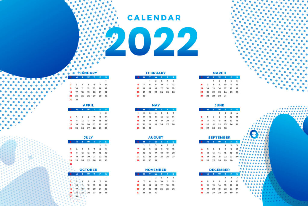 2022 modern calendar wallpaper with bold blue abstract shapes and dotted white background design