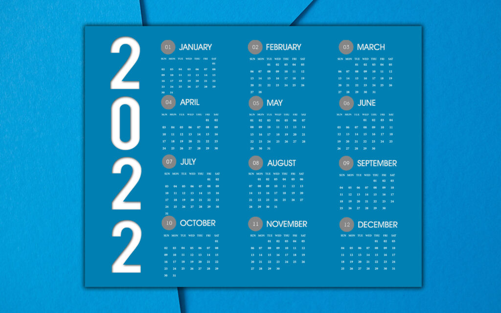 2022 calendar wallpaper blue background white numbers modern clean desktop design organized grids