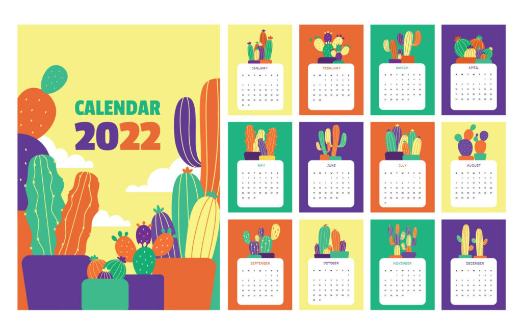 2022 calendar wallpaper with colorful cactus illustrations on vibrant geometric backgrounds