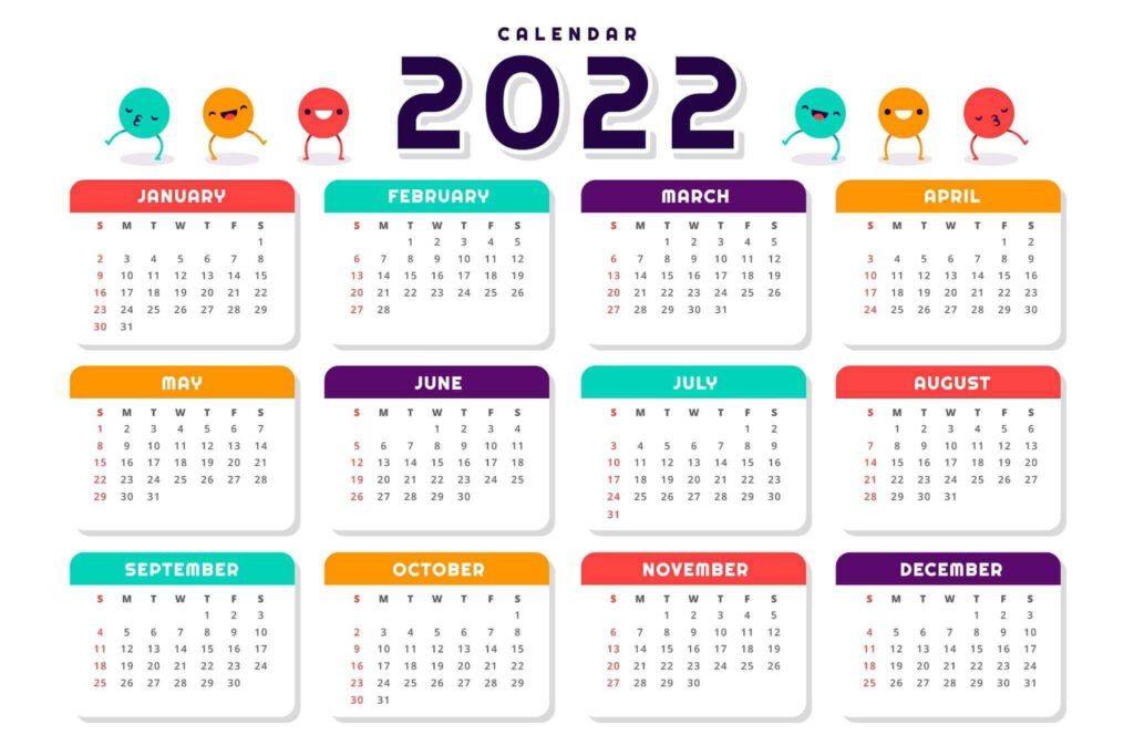 2022 calendar wallpaper with colorful monthly tabs and cheerful smiley characters on white background