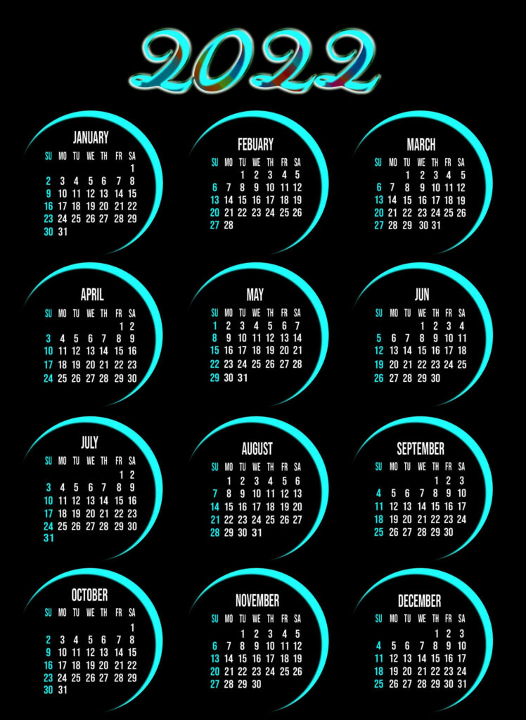 2022 calendar wallpaper with neon blue accents on black background modern futuristic design