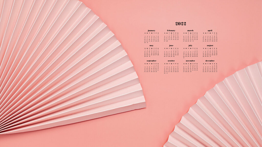 2022 calendar wallpaper with pastel pink paper fans minimalist geometric folds soft pink background