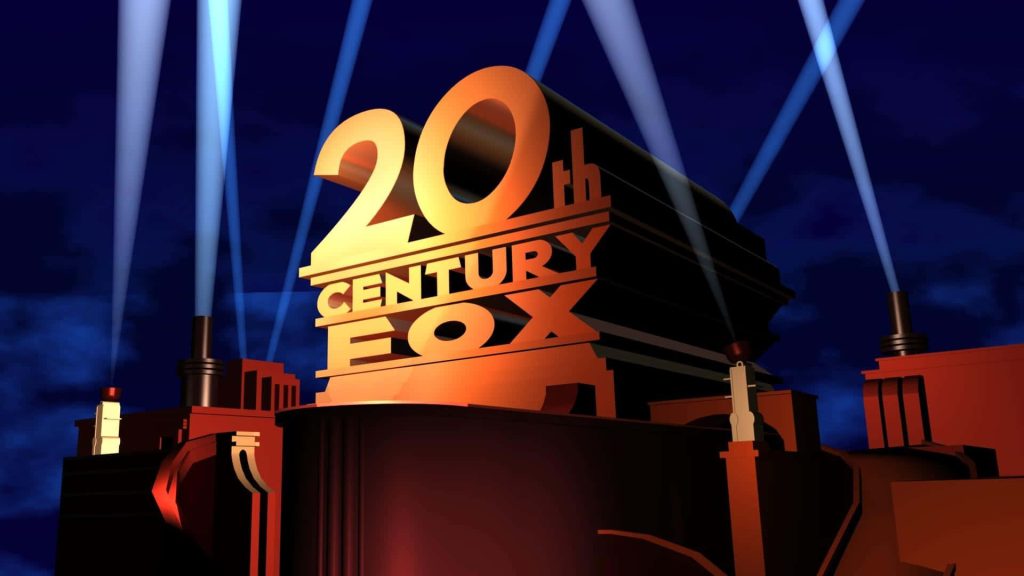 20th Century Fox 3D golden logo with searchlights on deep blue night sky wallpaper background