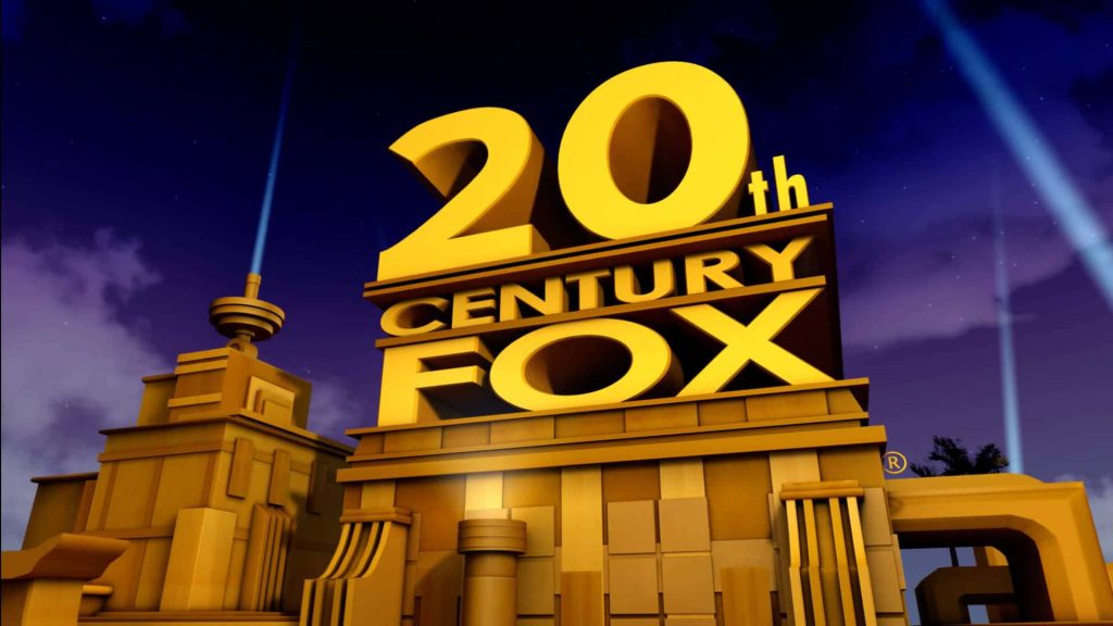 Golden 3D 20th Century Fox logo with purple twilight sky and classic spotlight beams background Wallpaper