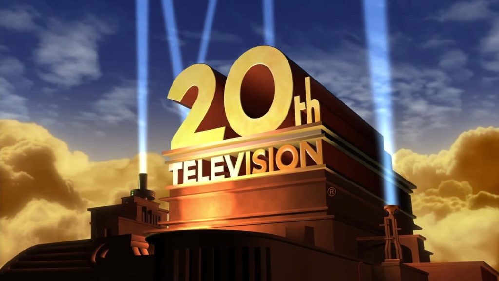20th Television golden 3D logo with cinematic sunset sky and vertical searchlights wallpaper