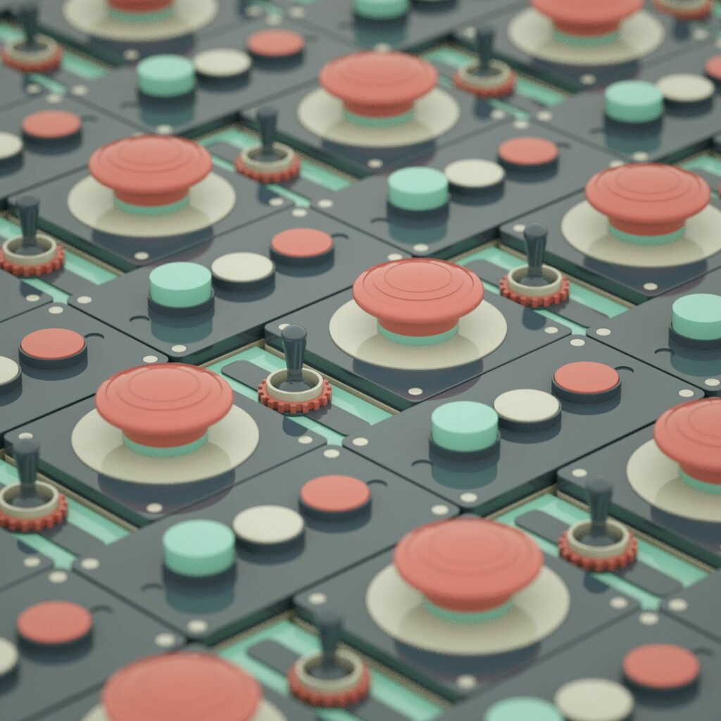 3D Geometric Tech Wallpaper: Red, White, and Green Button Design