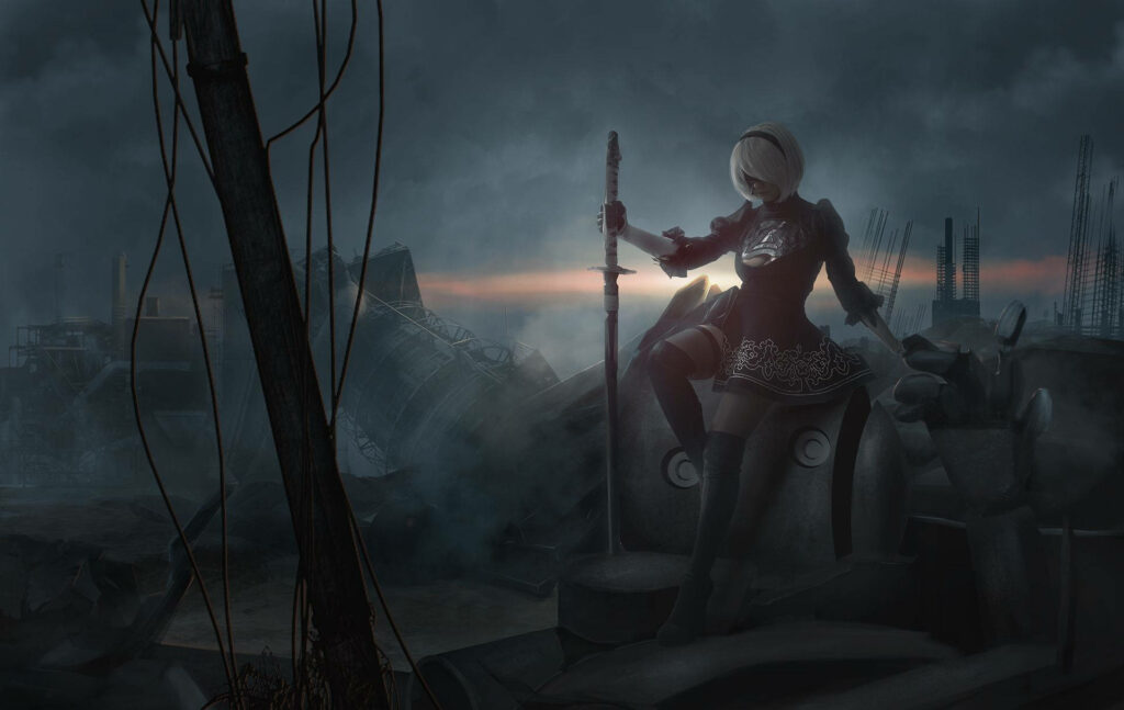 Sunset Soul: 2B's Serene Silhouette Amidst Nature's Ornate Canvas Wallpaper