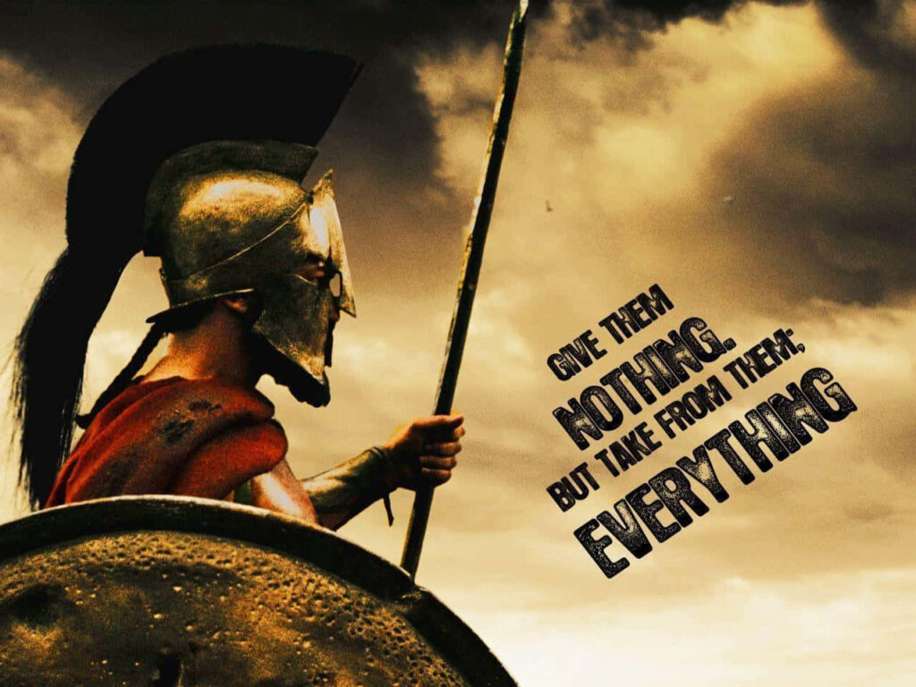 Warrior from 300 movie armored and ready for battle under dramatic sky with powerful tagline background Wallpaper