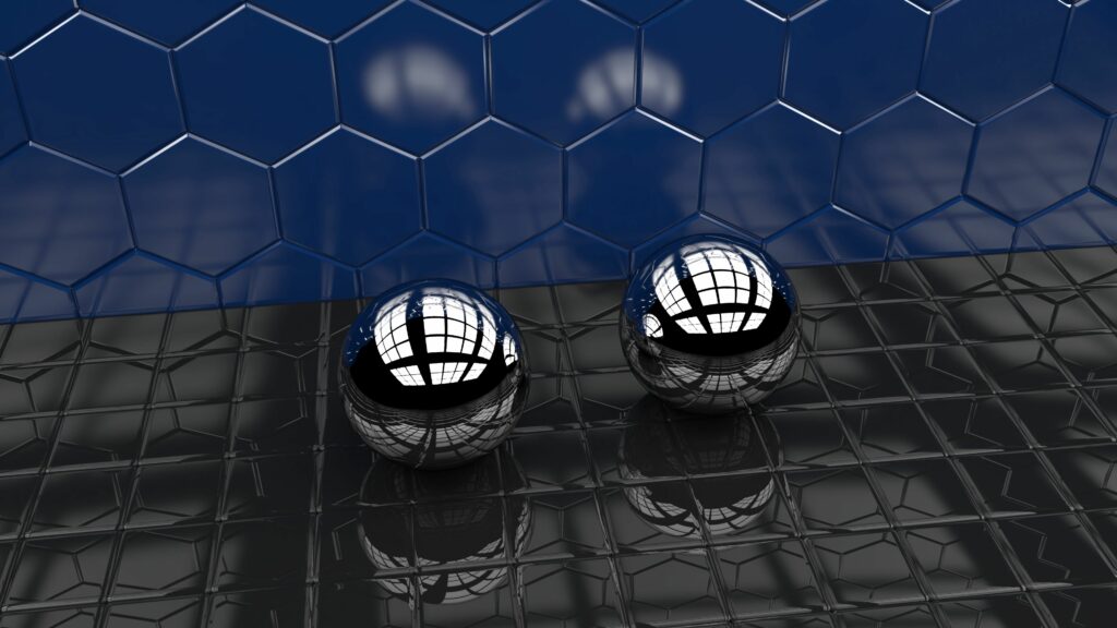 Modern Metallic Spheres on Reflective Hexagonal Tile Wallpaper