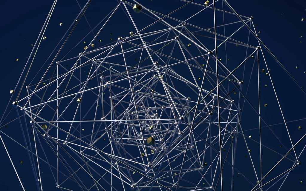 “Intricate 3D Geometric Wallpaper Design on Deep Blue Background”