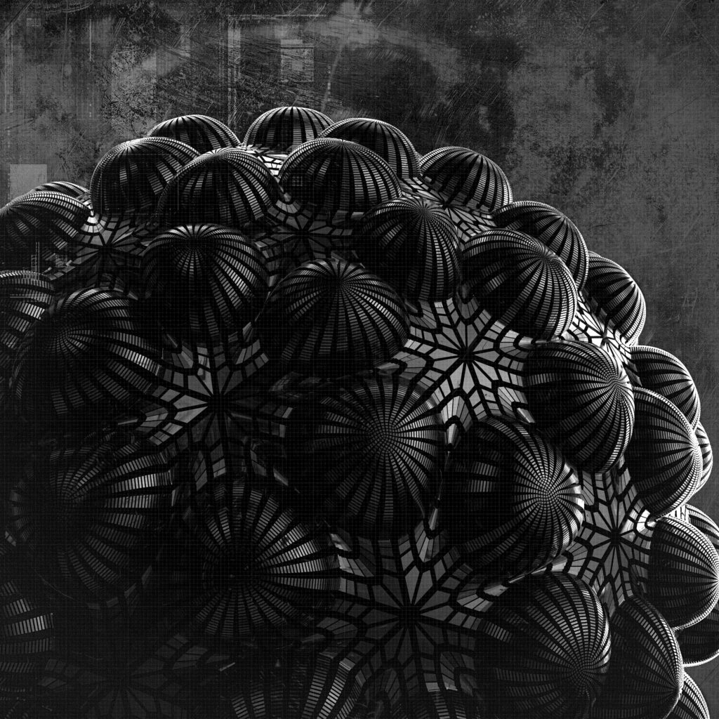 Dark 3D Relief Wallpaper: Intricate Monochrome Sphere Design