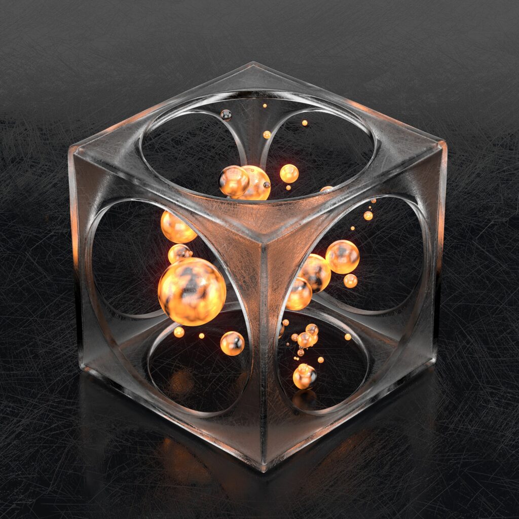 3840x3840 Transparent Cube Wallpaper with Glowing Orange Spheres
