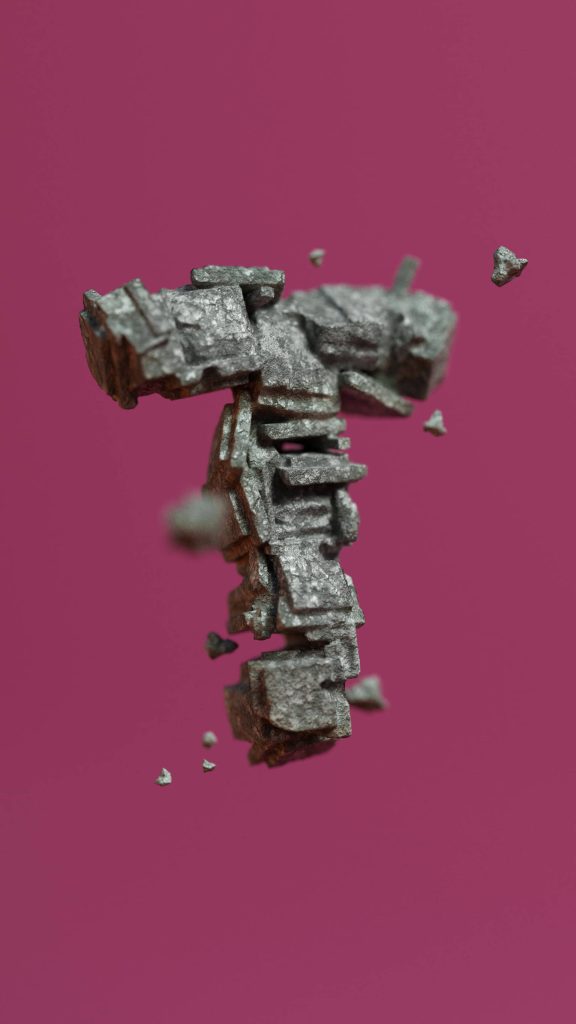 3D abstract letter T in fractured gray stone on bold magenta minimalist digital art wallpaper background
