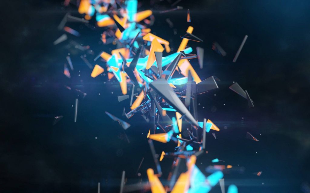 3D abstract live wallpaper with glowing cyan and orange shards on dark cinematic background
