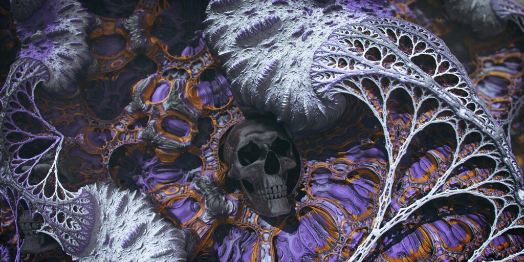 3D Skull Abstract Wallpaper: Purple & Metallic Silver Designs