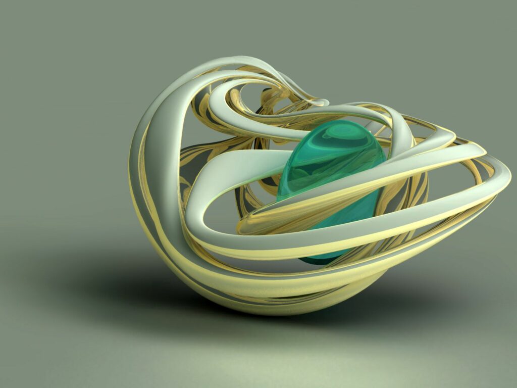 Futuristic 3D Abstract Figure Wallpaper with Teal Core & Cream Ribbons