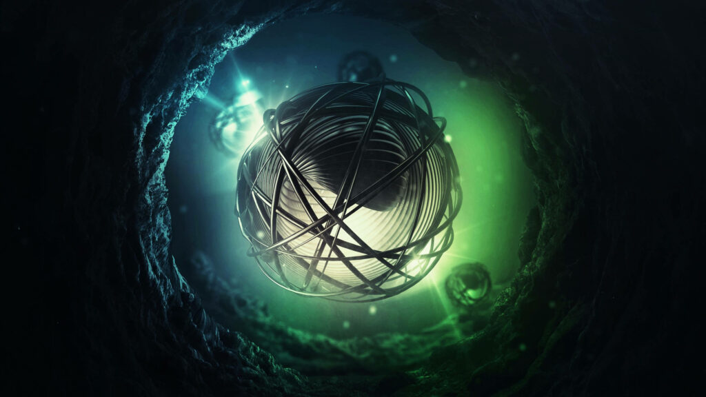 3D Abstract Wallpaper: Metallic Ball Entangled in Dark-to-Green Strings