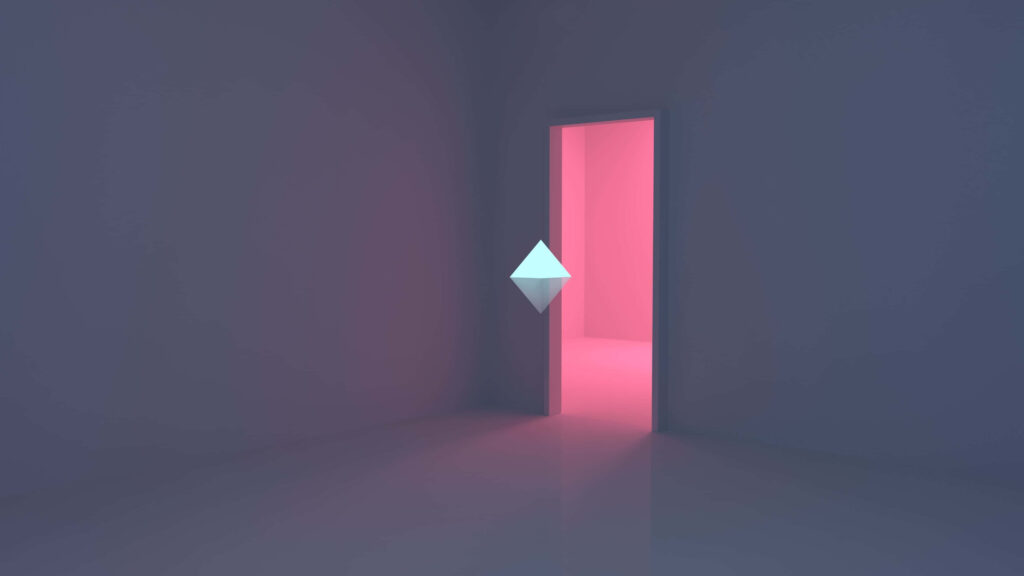 Minimalistic 3D Abstract Wallpaper with Glowing Pink Doorway