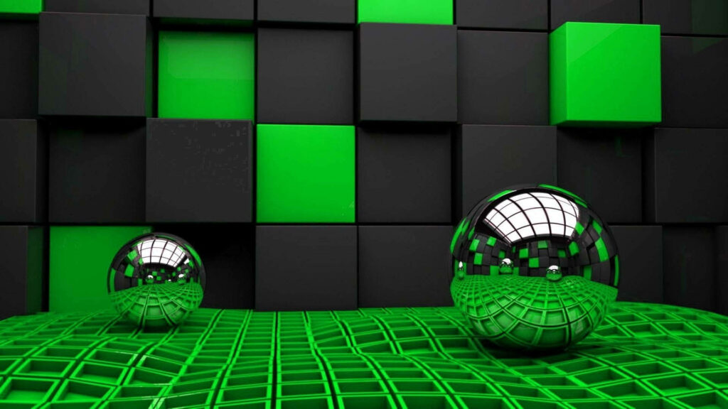 Striking 3D Abstract Wallpaper with Glossy Metallic Balls & Green Grid