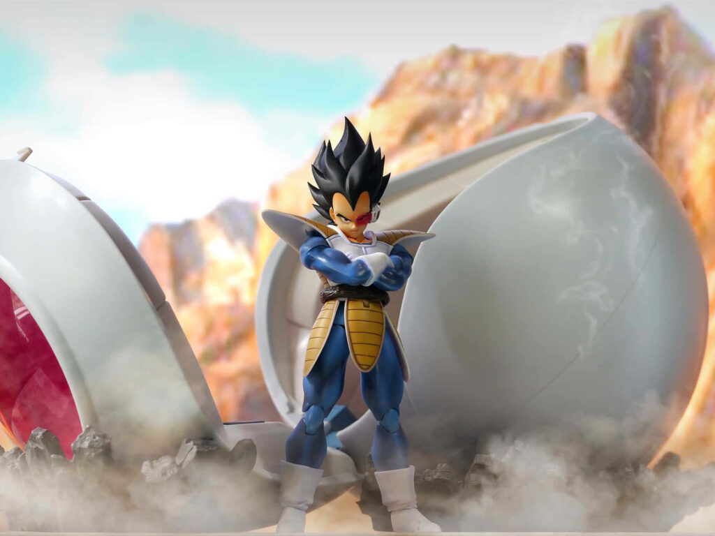 3D Character with Spiky Black Hair in Blue Armor Against Rocky Pod Wallpaper