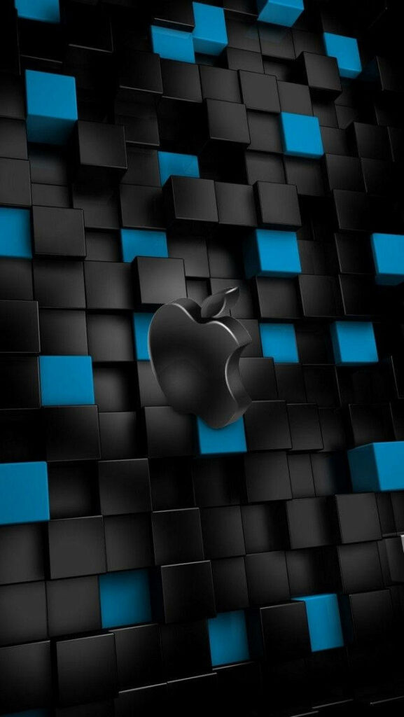 3D Apple Logo Dynamic Wallpaper: Black & Blue Cube Background